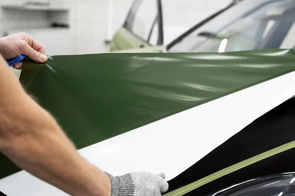 Fahrzeugfolierung: grüne Folie wird auf die Motorhaube aufgebracht
